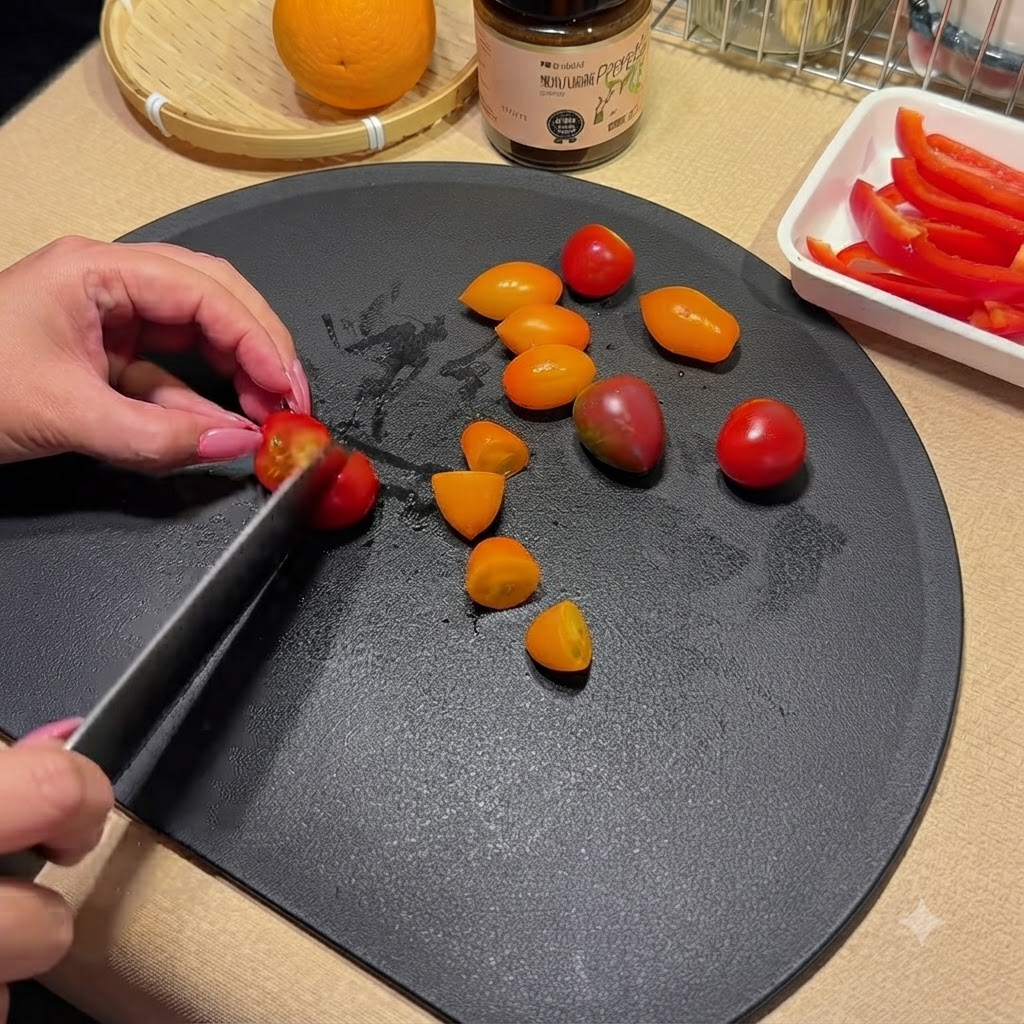A chefs knife cutting colorful cherry tomatoes in half on a black cutting board.
