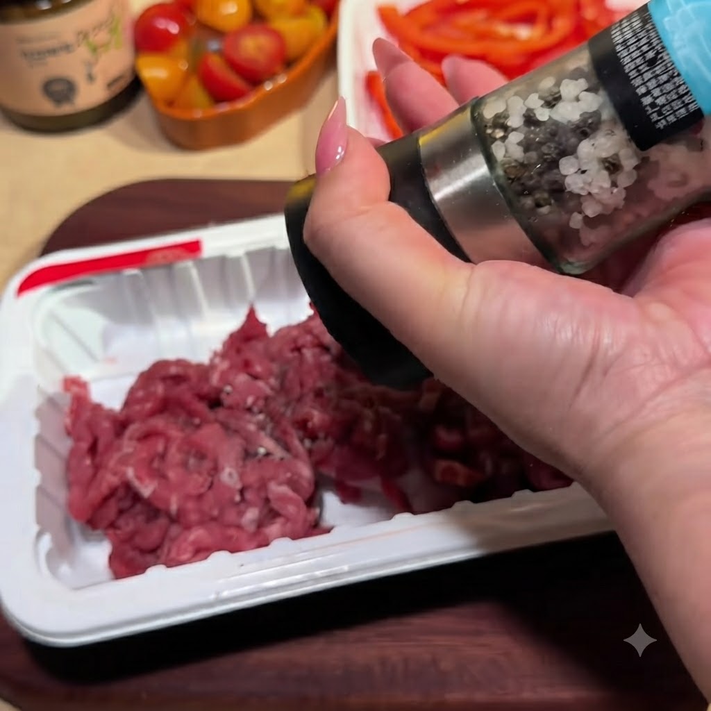 A hand using a pepper grinder to season raw beef strips in a white plastic tray.