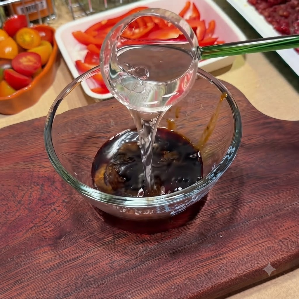 Liquid being poured into a clear glass bowl containing mixed sauce ingredients on a wooden board.