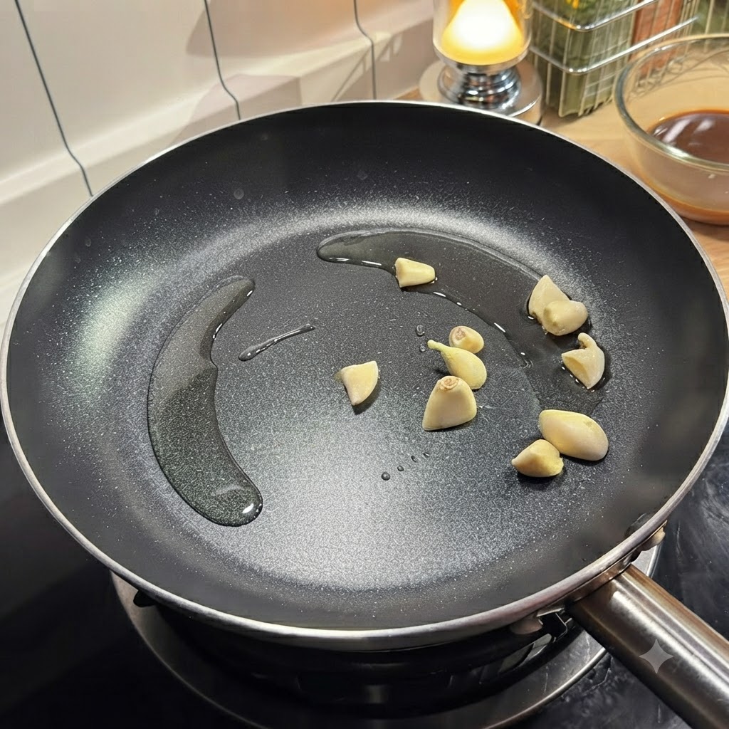 Peeled garlic cloves frying in cooking oil inside a hot black pan.