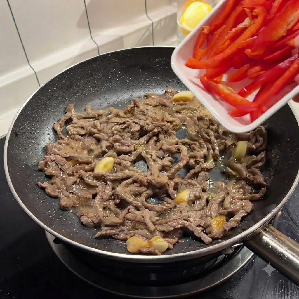 Red bell pepper strips being poured from a white tray into a frying pan with browned beef.