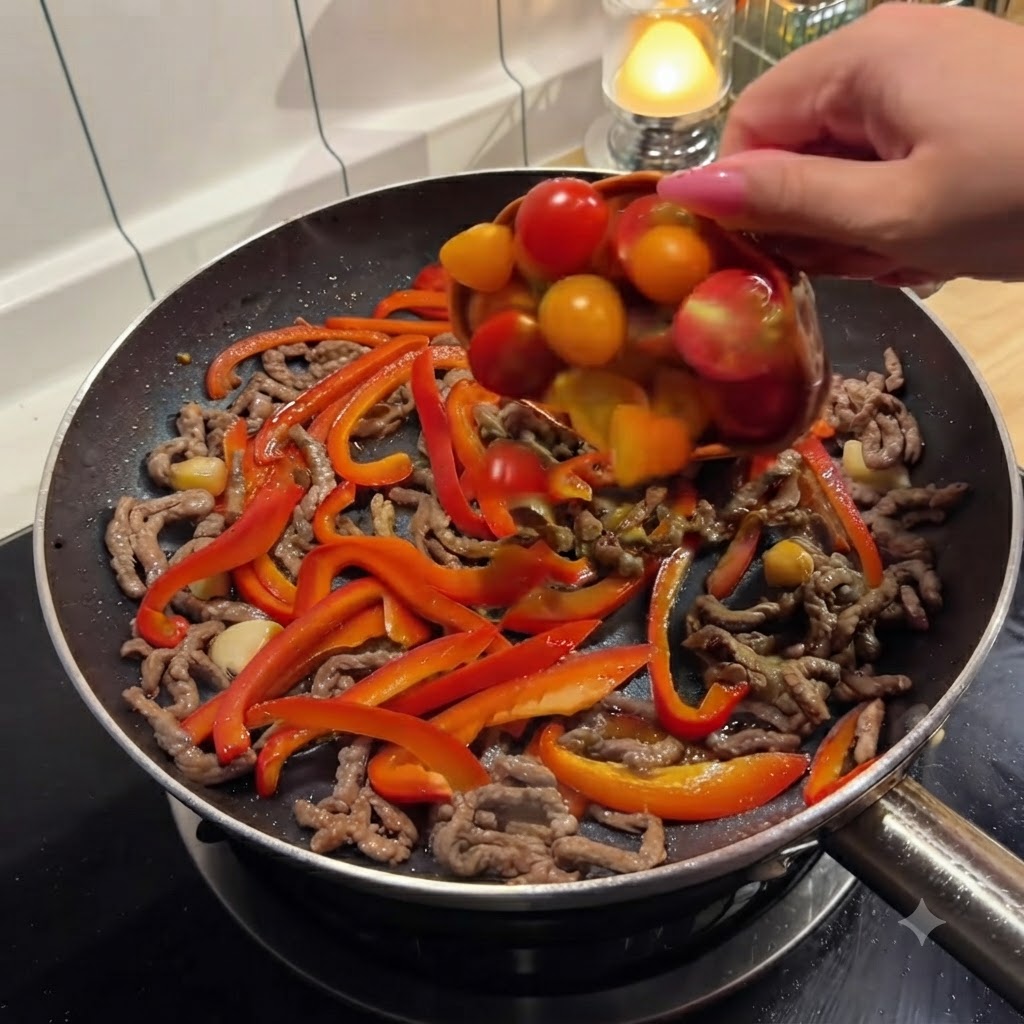 Halved cherry tomatoes being tipped from a bowl into the pan with beef and red peppers.