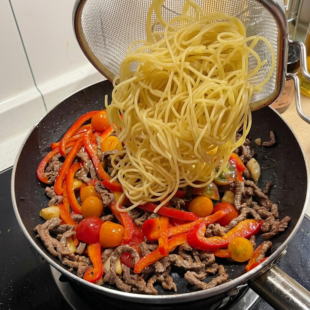 Cooked spaghetti strands being poured from a mesh strainer into the frying pan.