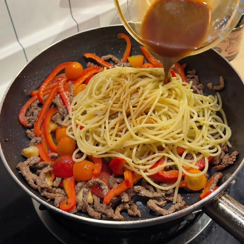 Dark brown sauce being poured from a small bowl over the spaghetti in the frying pan.