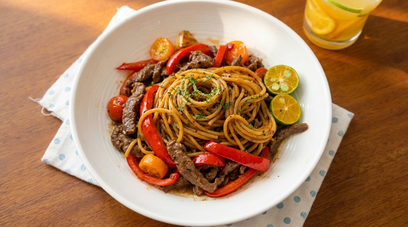 A bowl of black pepper beef pasta with vibrant red bell peppers and colorful cherry tomatoes.