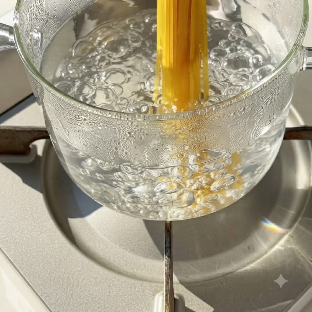 Spaghetti noodles being submerged into a clear glass pot of vigorously boiling water on a stove.