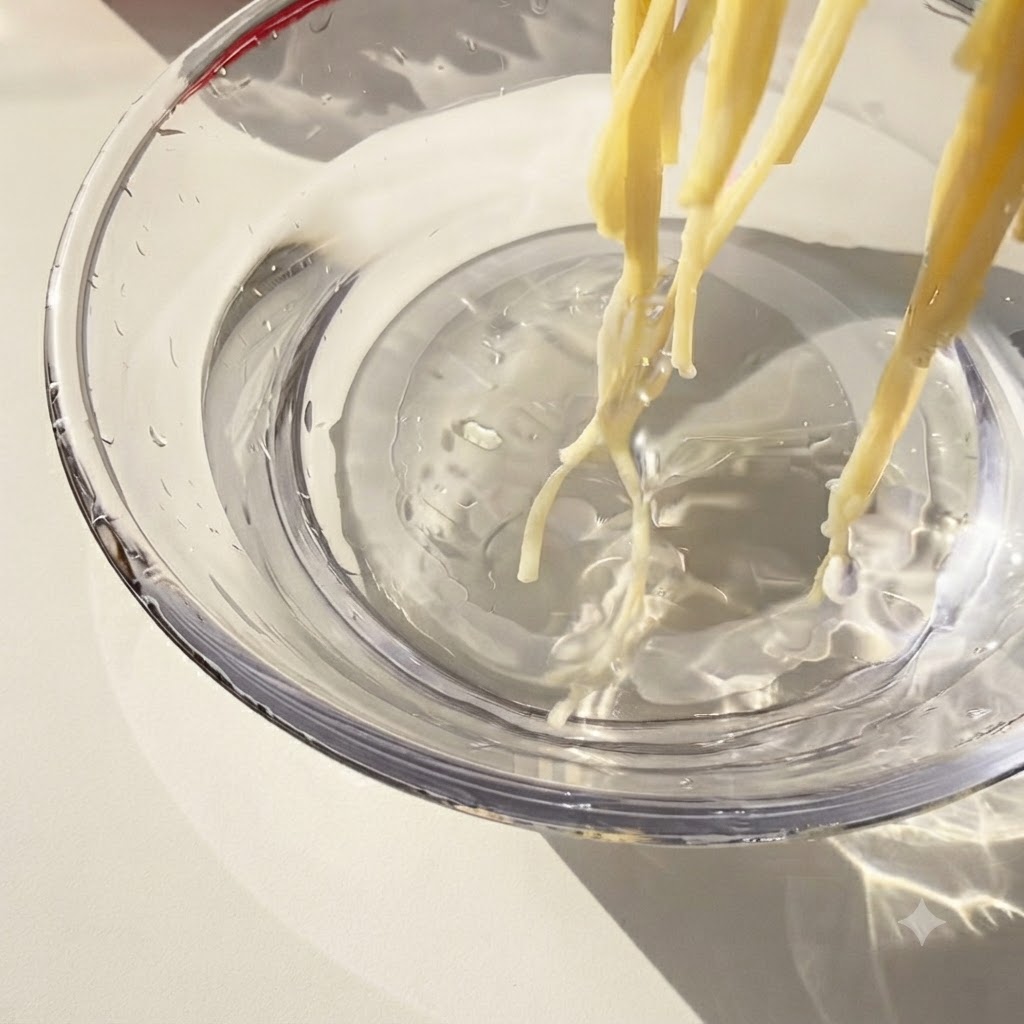 Cooked spaghetti noodles being transferred with tongs into a glass bowl of cold water.
