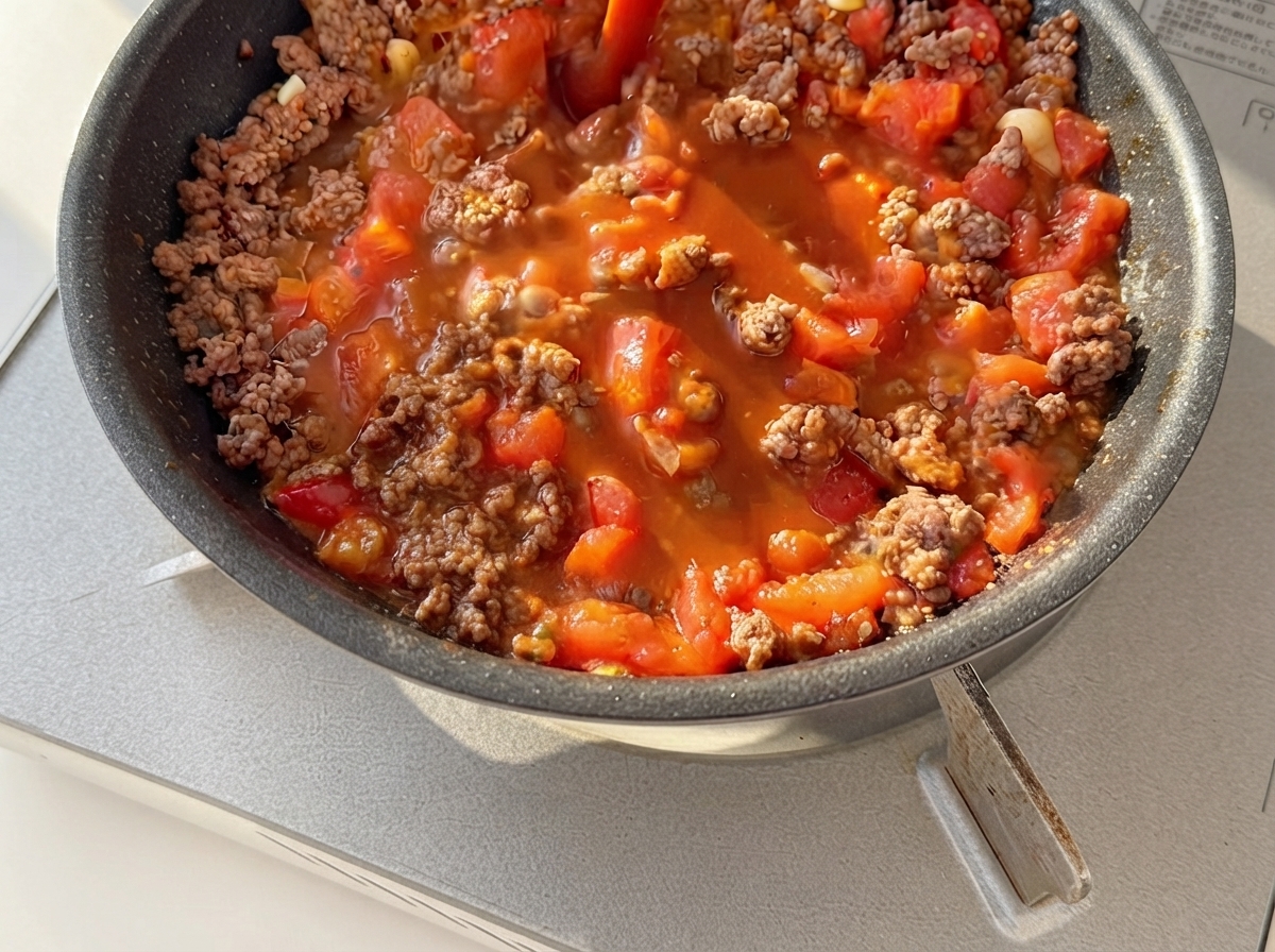 A dark reddish sauce mixture being poured over cooked minced beef and tomatoes in a skillet.