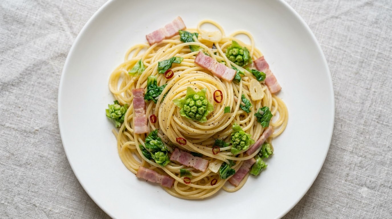 Butterbur and Bacon Garlic Olive Oil Pasta