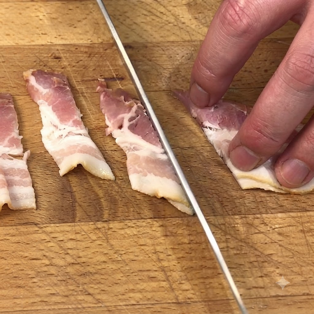 A kitchen knife slicing raw bacon strips on a wooden cutting board.