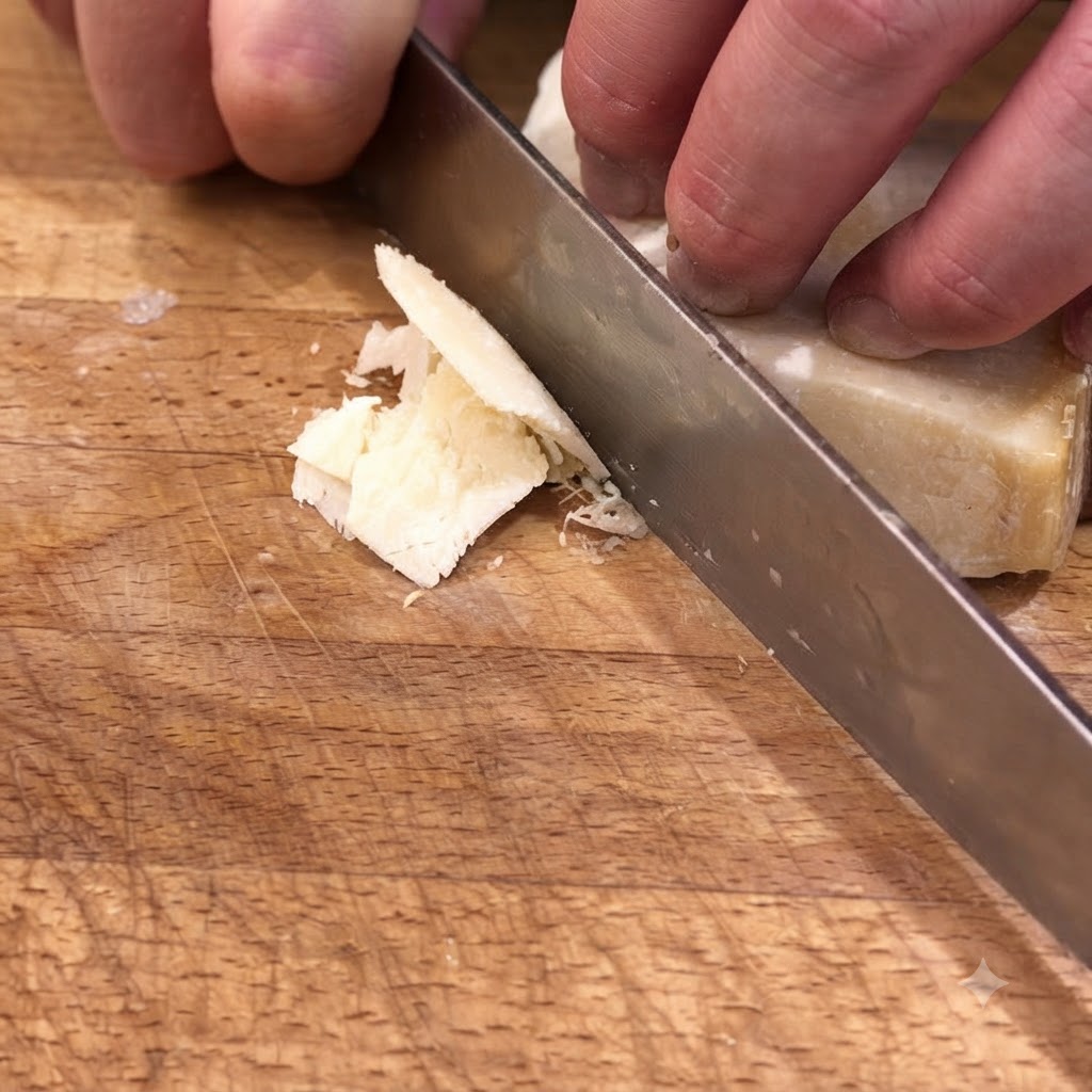 A knife slicing wedges of Italian Parmigiano-Reggiano cheese on a wooden board.