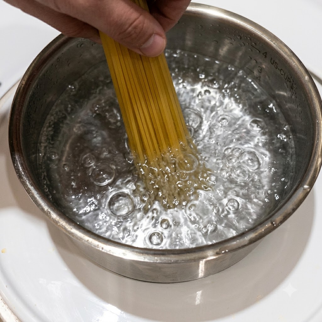 Penne pasta boiling in a pot of bubbling hot water.