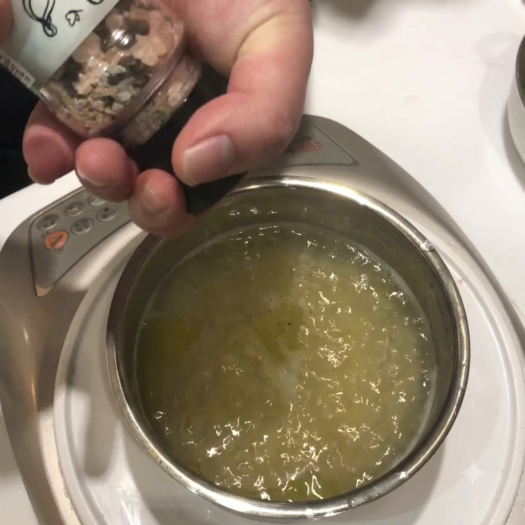 Salt and black pepper being sprinkled into a pot of boiling pasta water.