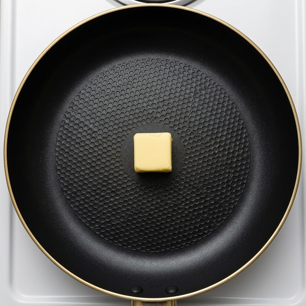 A single square of butter melting in the middle of a hot flat black frying pan.