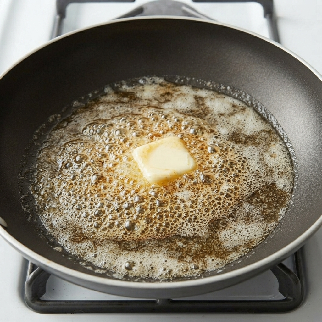 A pan containing melting butter on a stovetop burner.