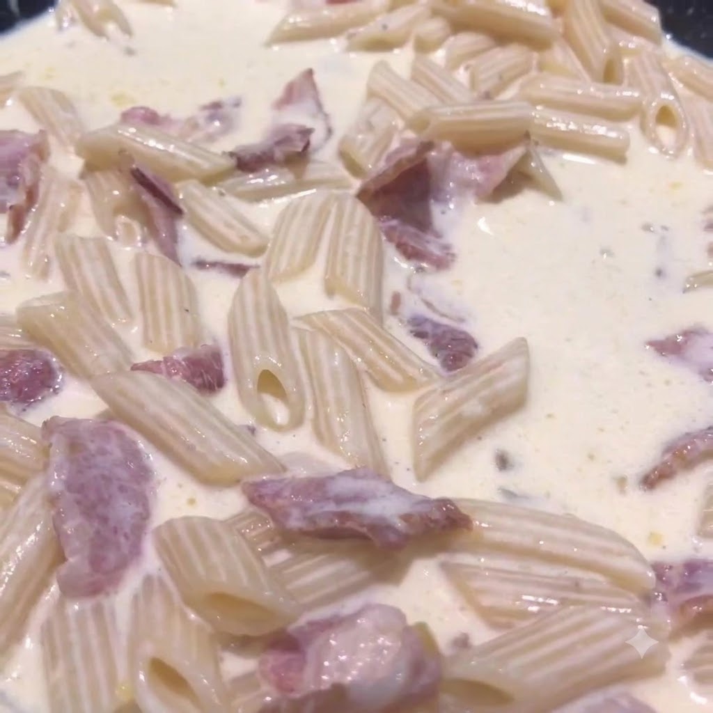 Close-up view of penne pasta simmering in a creamy sauce inside a pan.