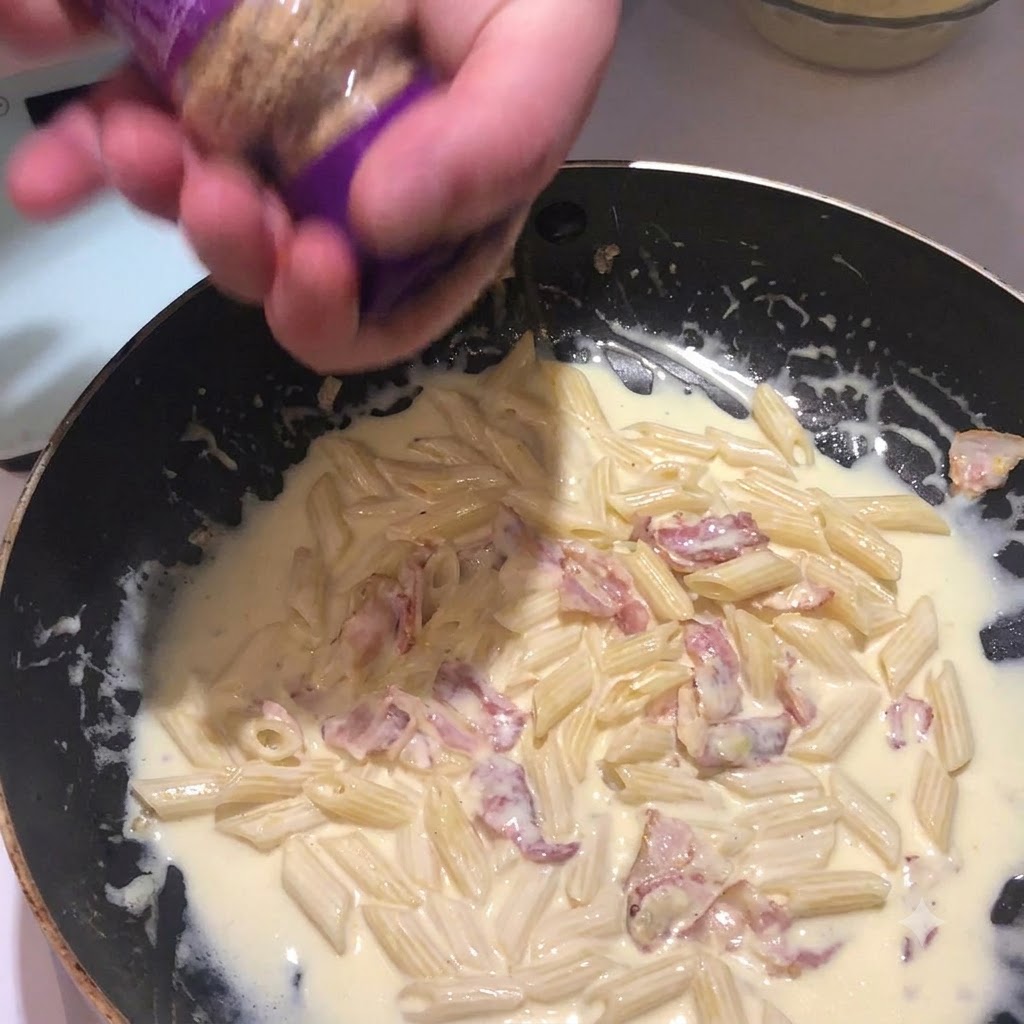 Garlic salt being shaken from a container onto the creamy pasta mixture in a pan.