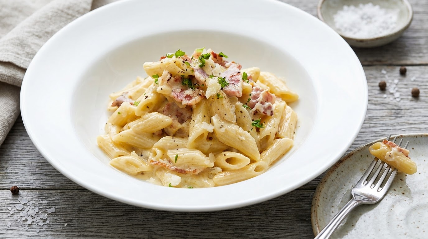 A bowl of creamy bacon penne pasta garnished with grated parmesan cheese and fresh parsley