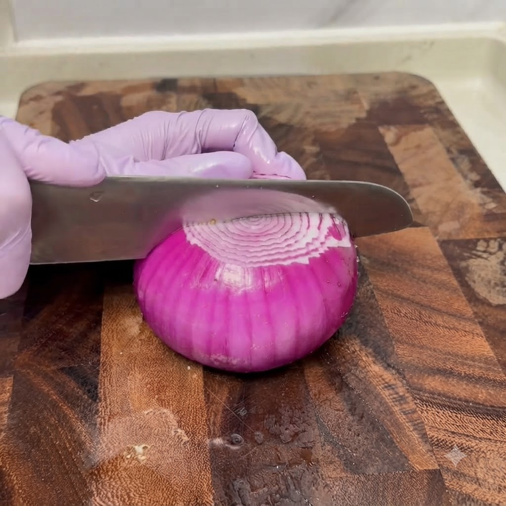 A purple onion being cut with a knife on a wooden cutting board.