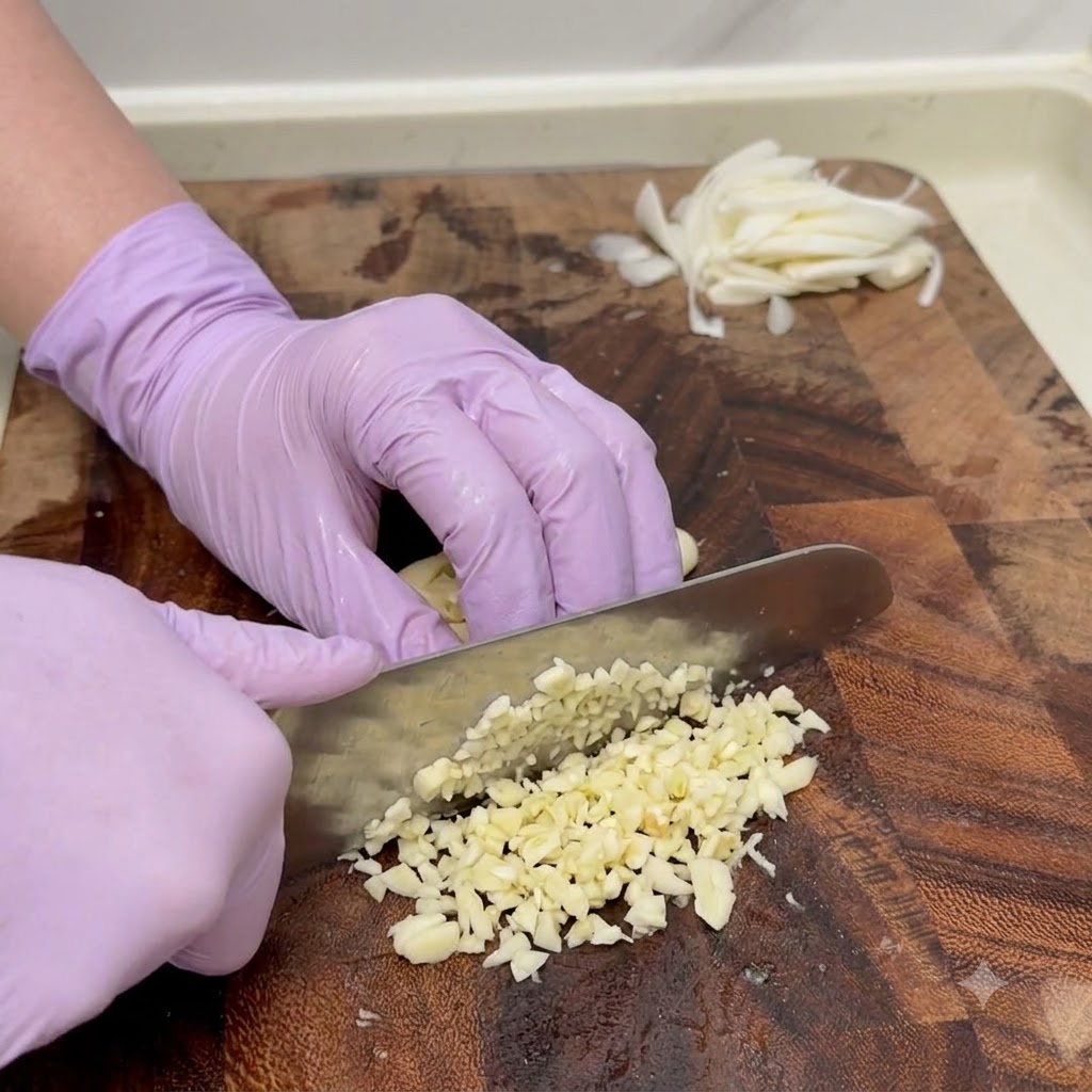 Garlic cloves being finely minced with a knife on a cutting board next to sliced onions.