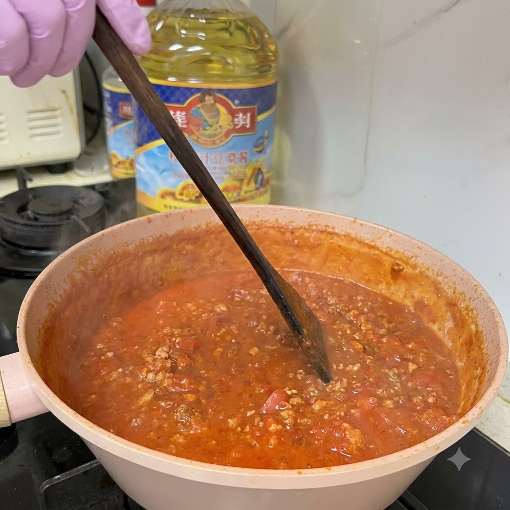 Ground meat cooking in a thick tomato and onion sauce inside a pan, being stirred with a wooden spatula.