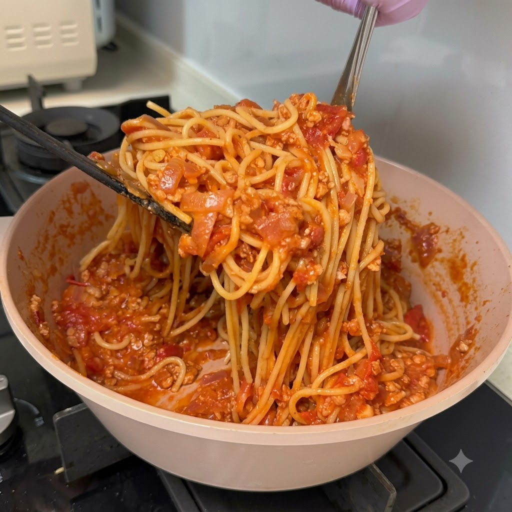 Spaghetti noodles being lifted and mixed into a thick meat and tomato sauce inside a cooking pan.