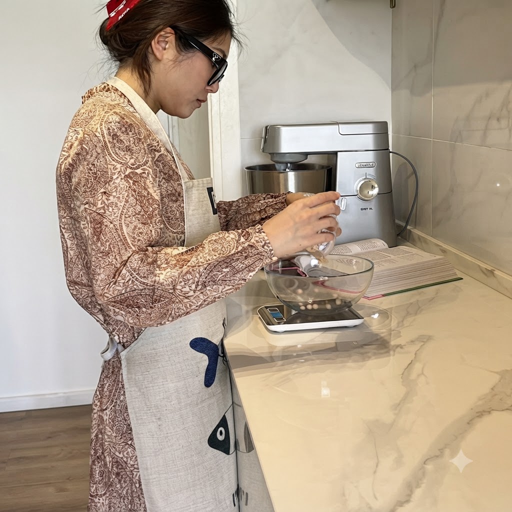 A person pouring pine nuts into a glass bowl sitting on a digital kitchen scale.