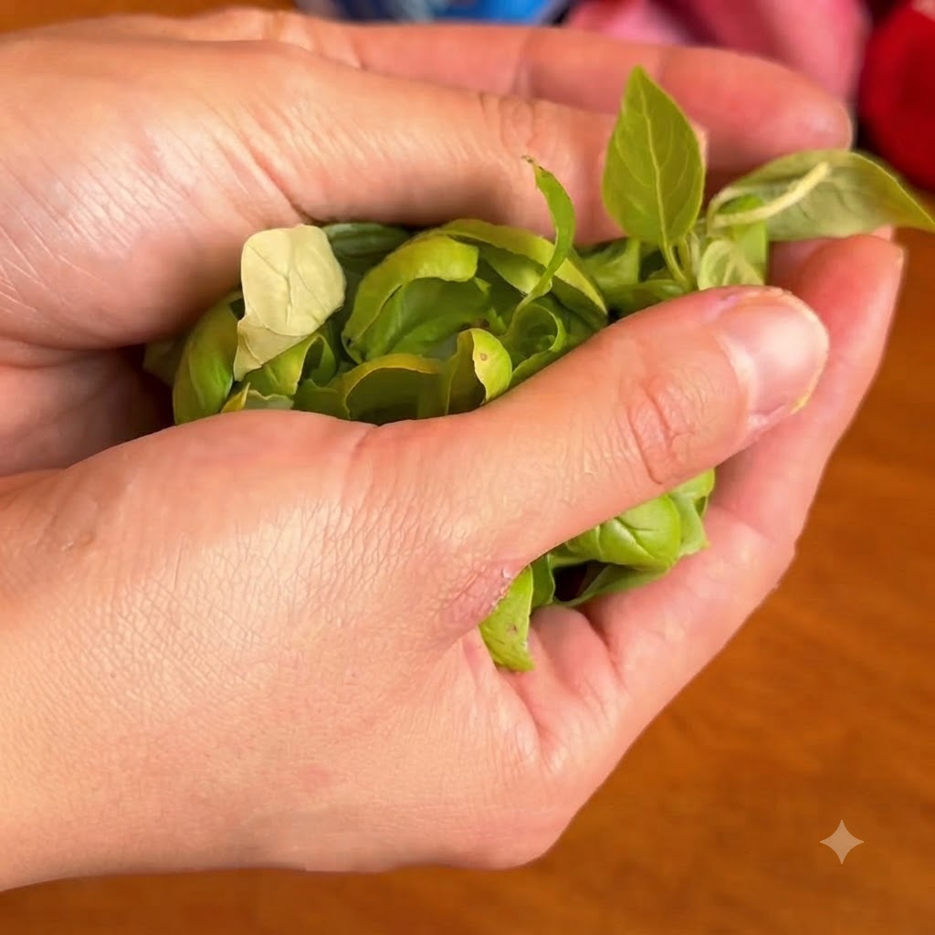 Close-up of cupped hands cradling a fresh bunch of vibrant green basil leaves.