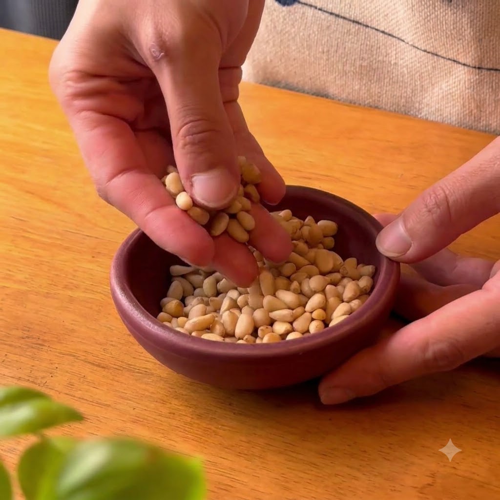 Hands transferring small pine nuts into a small dark earthenware bowl on a wooden tabletop.