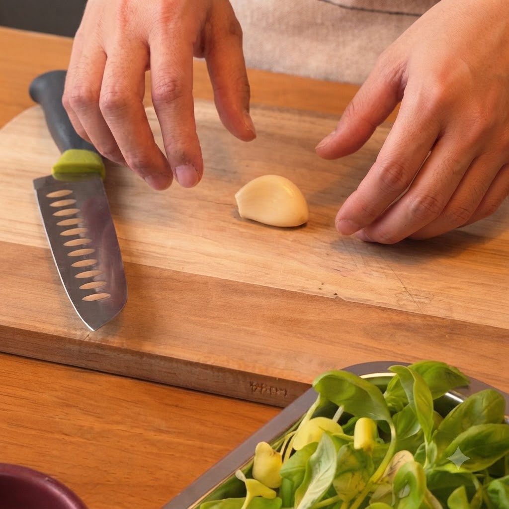 A peeled clove of garlic resting on a wooden cutting board next to a kitchen knife.