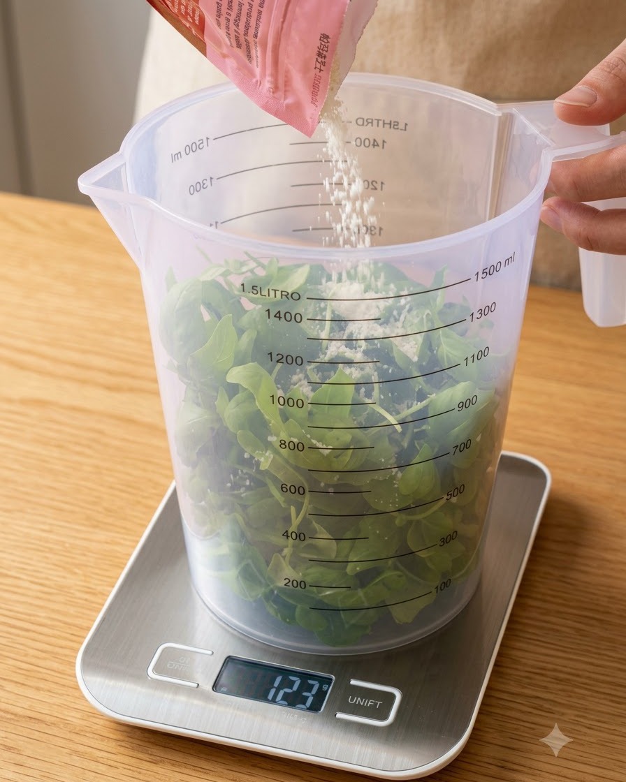 Grated cheese being poured from a pink pouch into a large plastic measuring pitcher filled with fresh basil leaves.