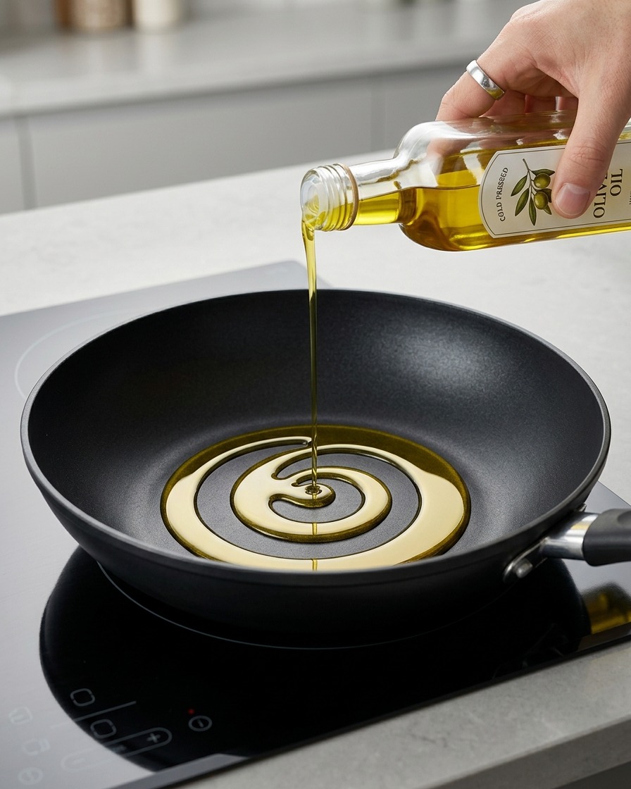 Olive oil being poured in a spiral motion into a black frying pan on a stovetop.