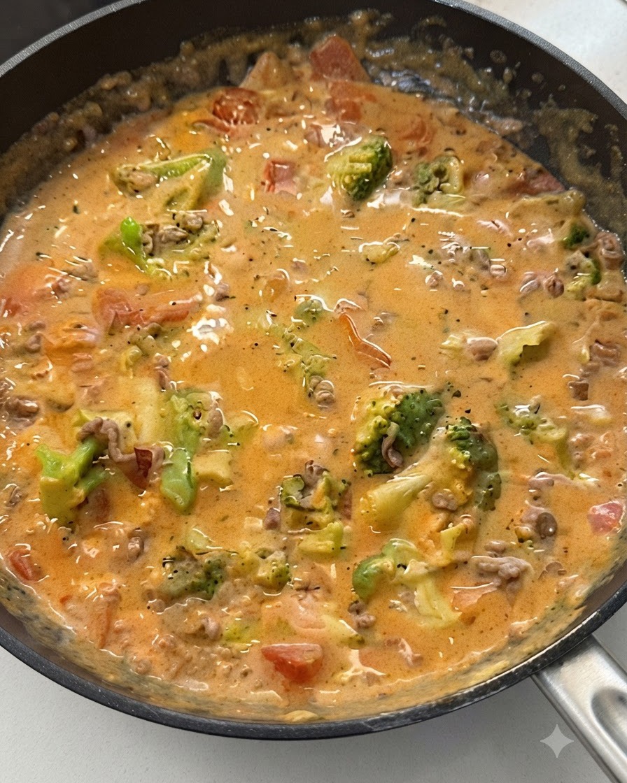 A rich and creamy tomato and beef sauce mixed with vegetables inside a cooking pan.