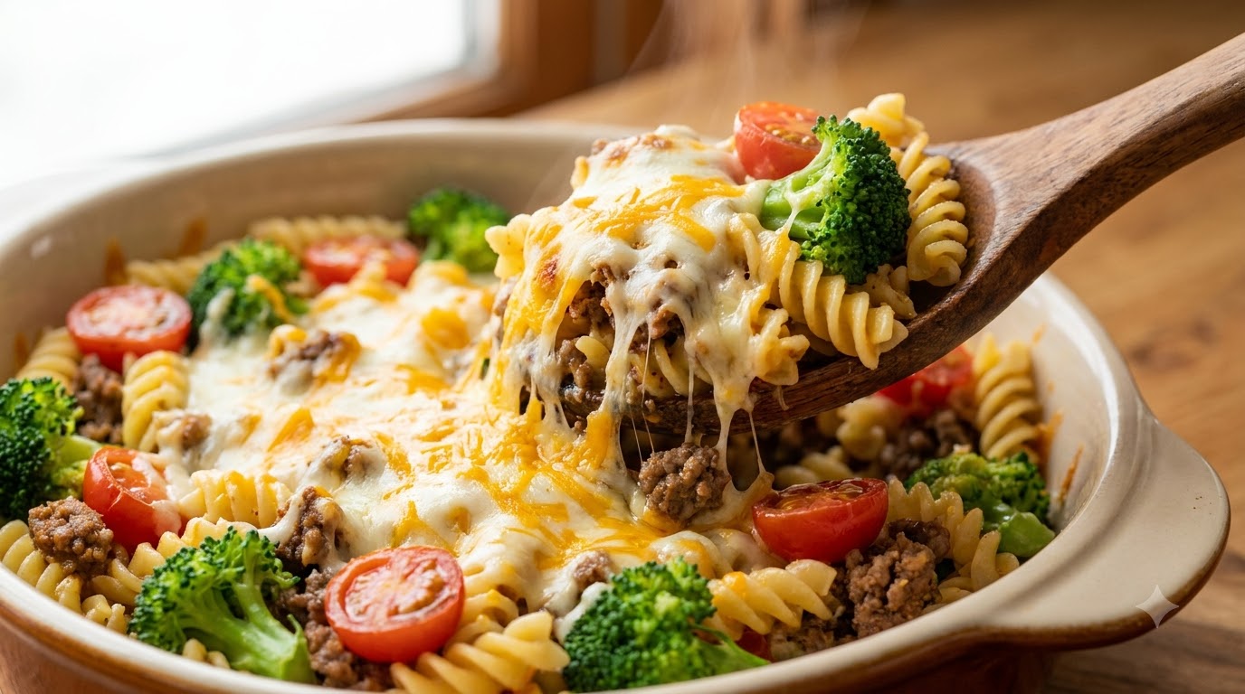Cheesy Baked Fusilli with Beef & Broccoli
