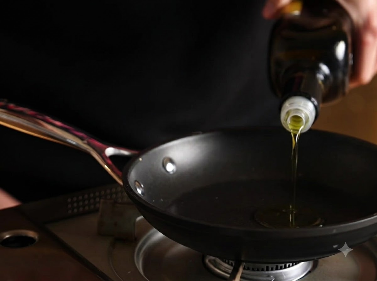 Extra virgin olive oil being poured from a dark glass bottle into a small black frying pan.