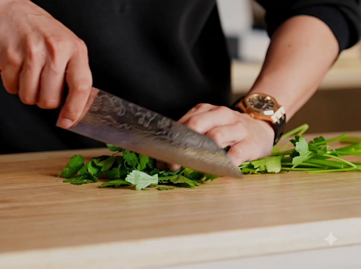 A person using a large chefs knife to chop fresh green parsley on a wooden cutting board.
