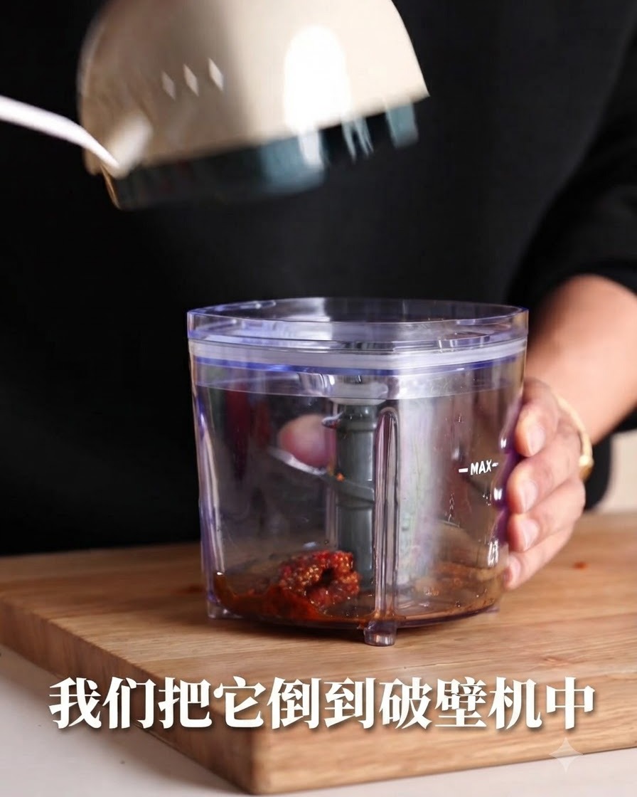 Fried garlic and oil being poured into a blender container.