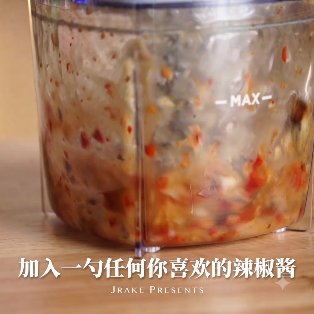 Red chili sauce being added into the blender cup.