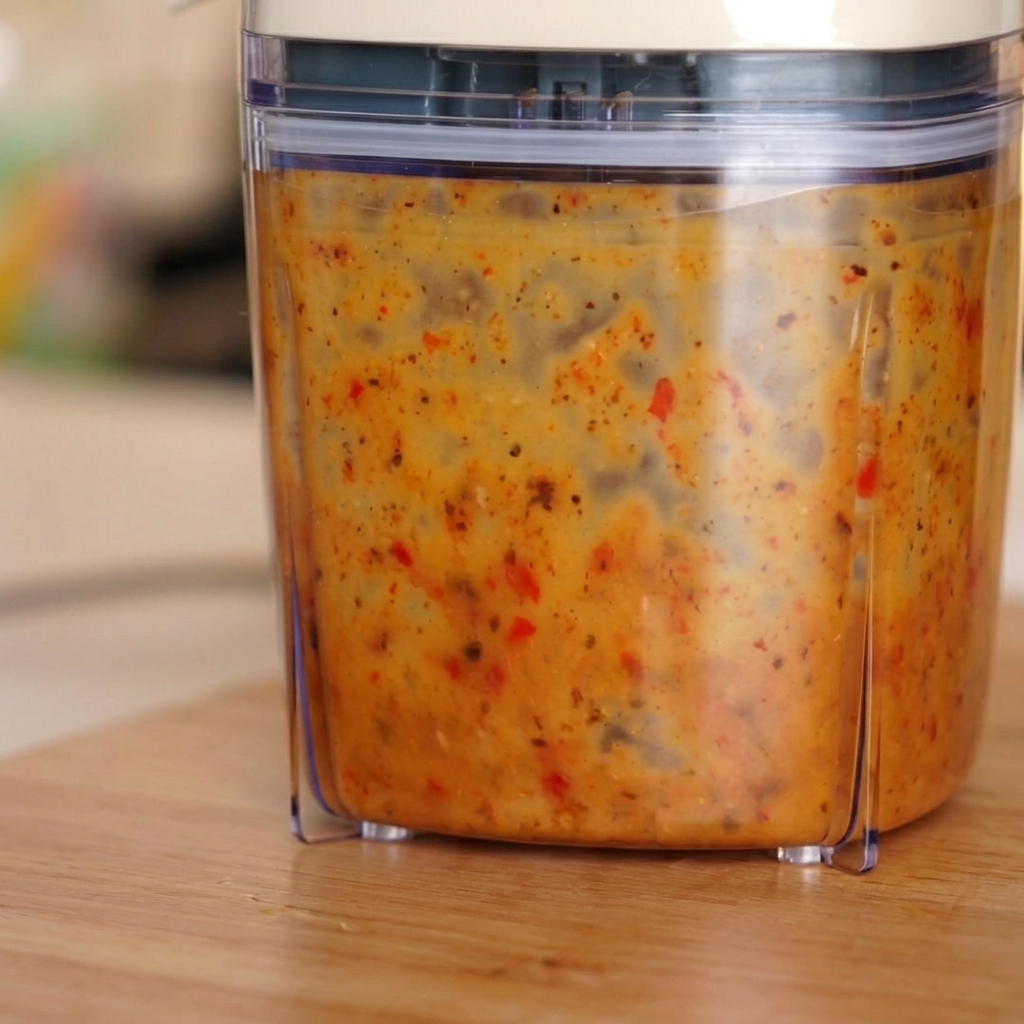 A blended and emulsified yellow-orange garlic chili sauce inside a blender jar.