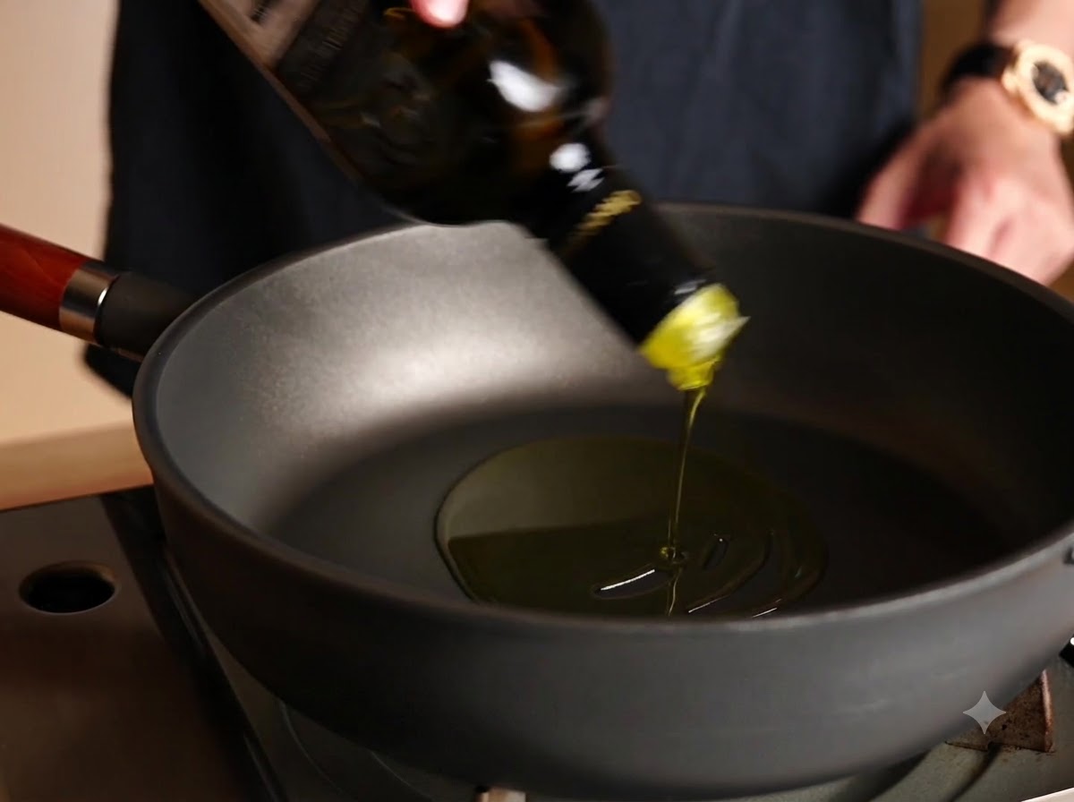 Extra virgin olive oil being poured from a bottle into a wide black frying pan.
