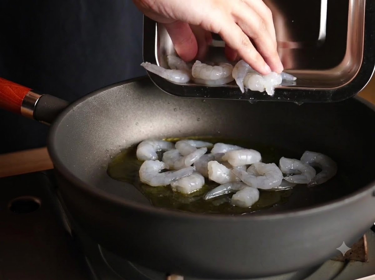 Raw peeled shrimp being placed into a pan with heated olive oil.