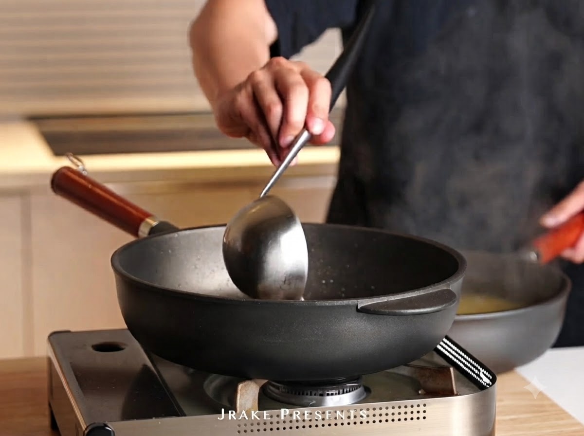 A ladle scooping water from a boiling pot of pasta to add to the frying pan.