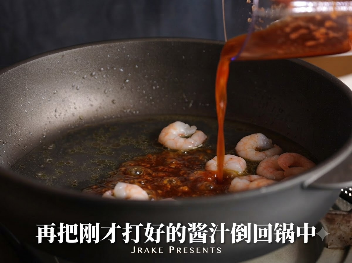 Red chili-garlic sauce being poured from a container into the pan with shrimp and broth.