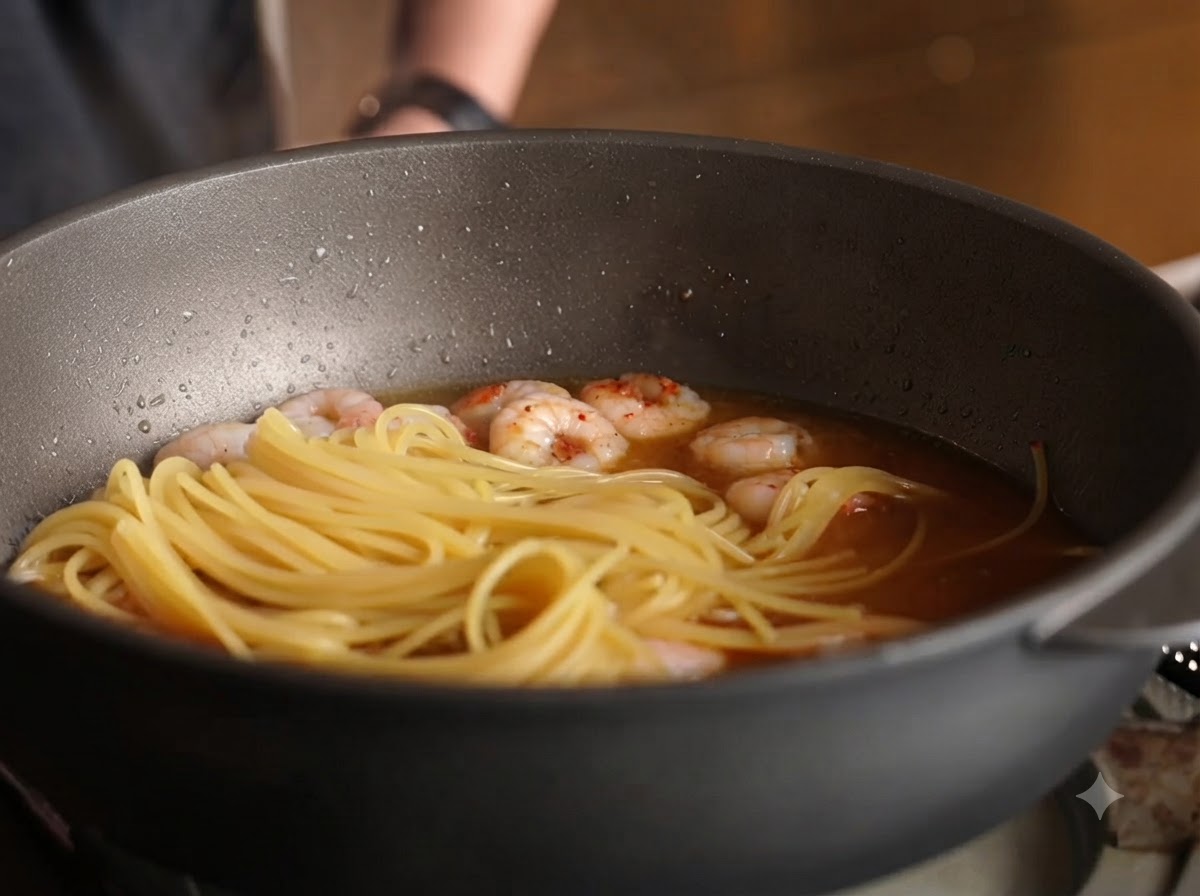 Spaghetti noodles and shrimp simmering together with sauce in a pan.