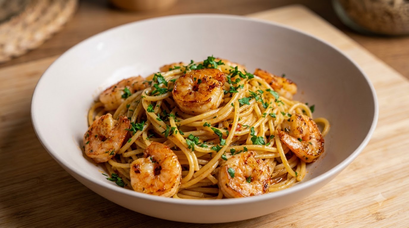 Italian Spicy Shrimp Pasta with Garlic Infused Olive Oil