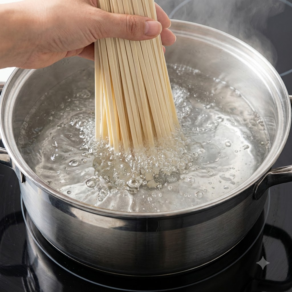 A hand holding a bundle of dried noodles being lowered into a pot of boiling water.