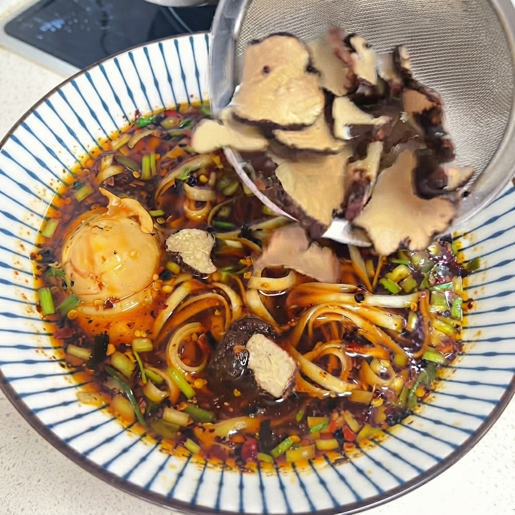 A strainer holding cooked truffle slices being emptied onto a bowl of spicy noodles with an egg and chopped scallions.