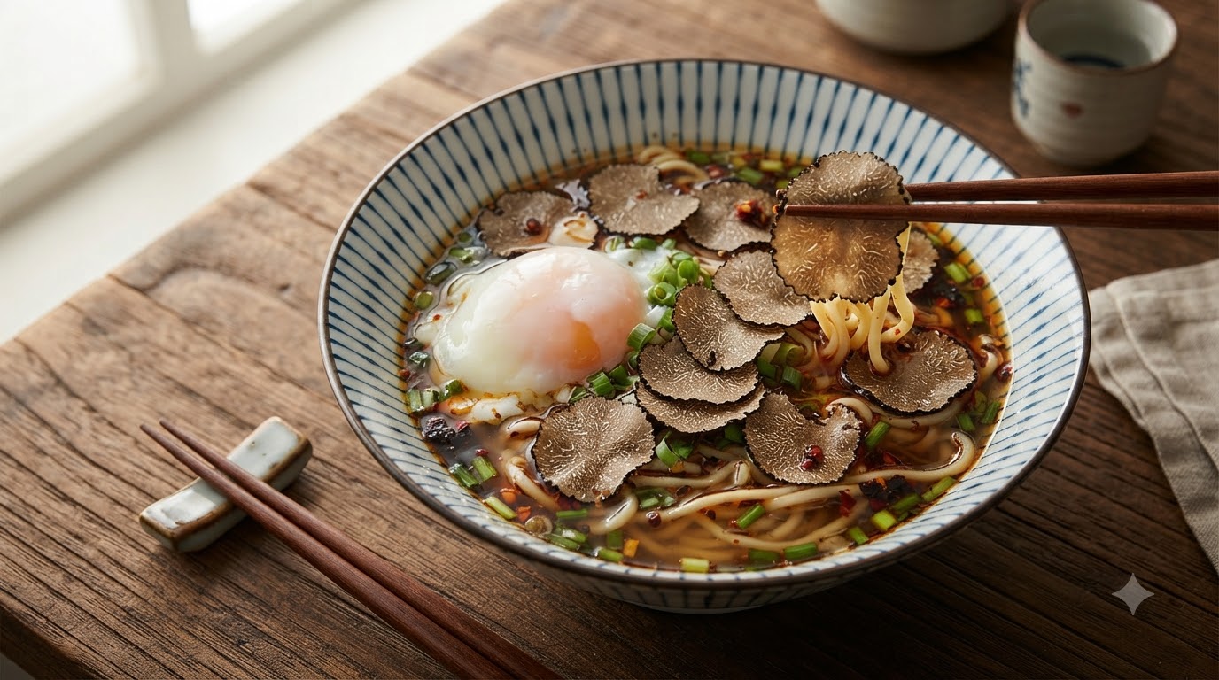 A bowl of spicy clear soup noodles topped with black truffle slices, a soft-poached egg, and chopped green onions