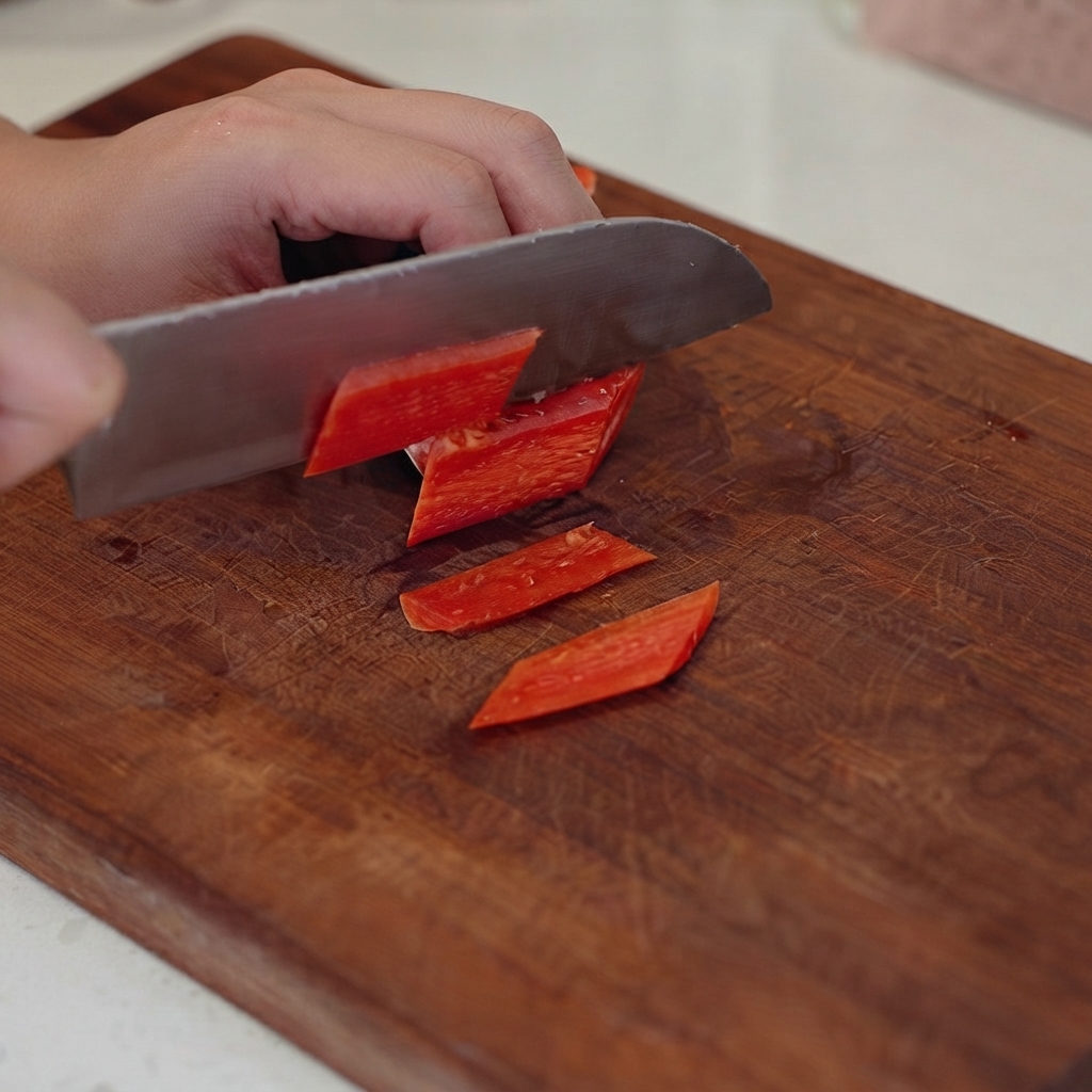 Hands using a knife to slice a red carrot into small pieces on a dark wooden cutting board.