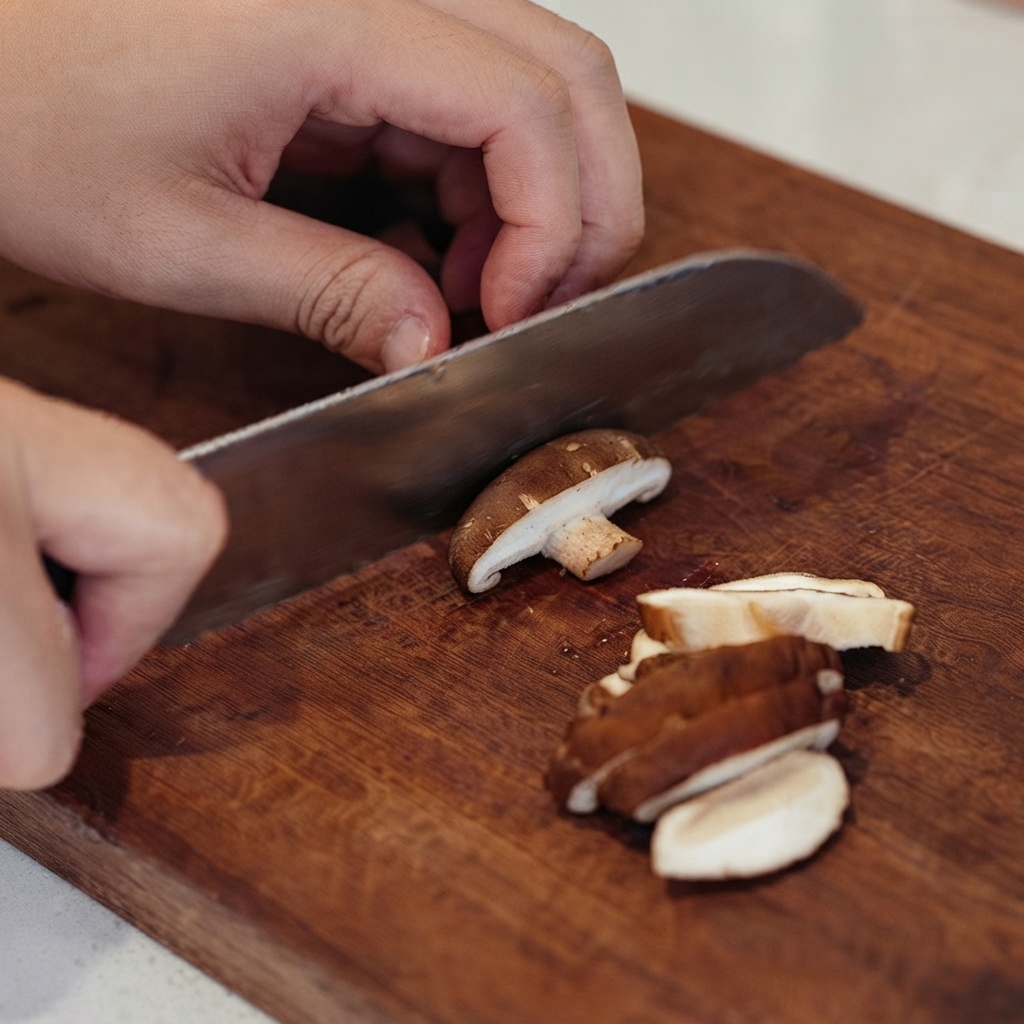 Hands carefully slicing fresh brown shiitake mushrooms on a wooden cutting board.